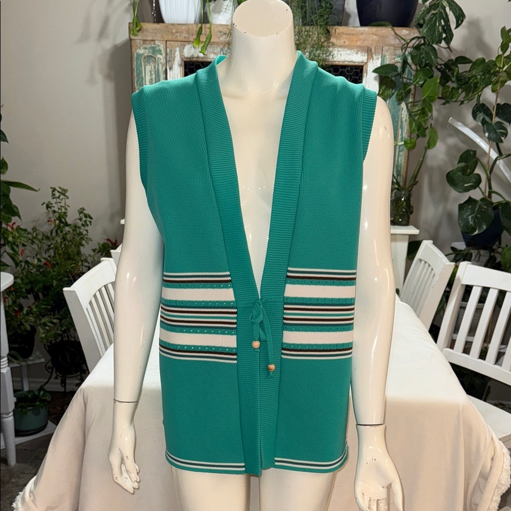 70s vintage ribbed Teal & brown Sleeveless Cardigan with Striped Detail